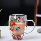 Double Glass Artificial Flowers Transparent Coffee Mug - 350ml