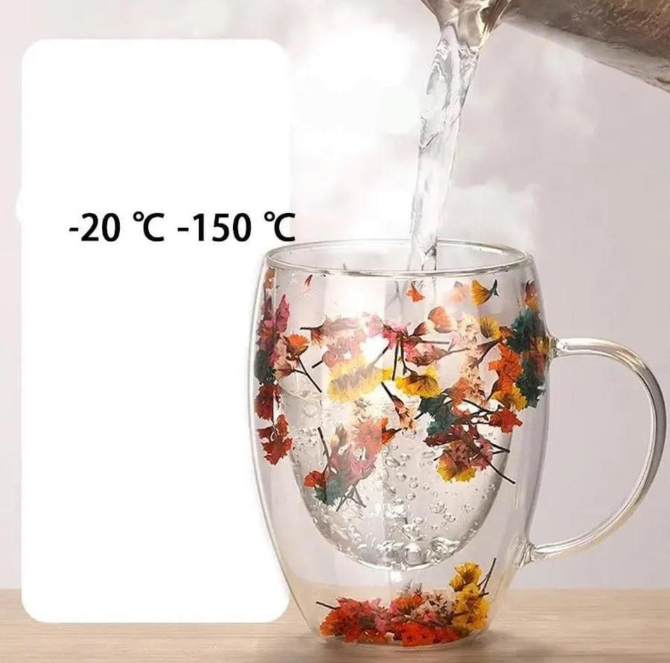 Double Glass Artificial Flowers Transparent Coffee Mug - 350ml
