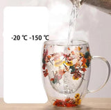 Double Glass Artificial Flowers Transparent Coffee Mug - 350ml