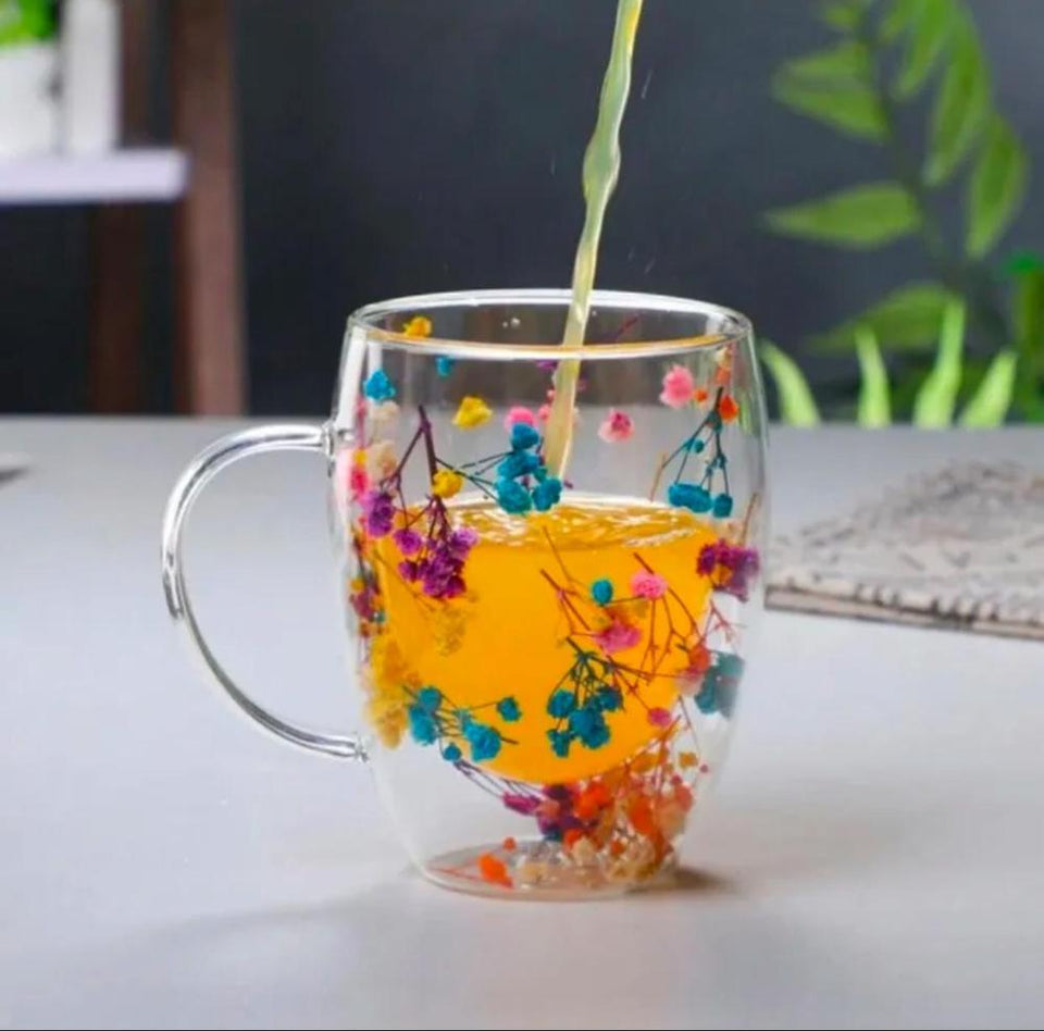 Double Glass Artificial Flowers Transparent Coffee Mug - 350ml