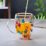 Double Glass Artificial Flowers Transparent Coffee Mug - 350ml
